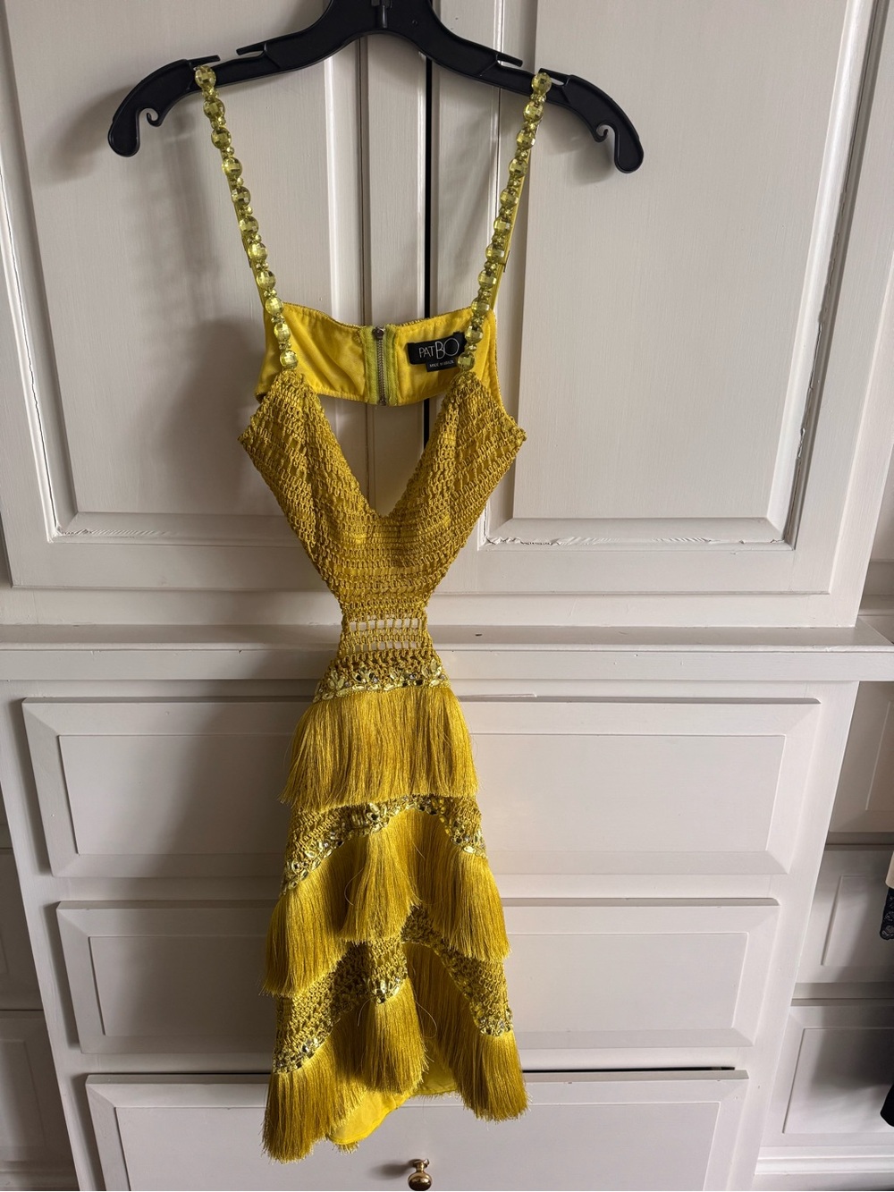 PatBO Yellow Beaded-Strap Fringe Mini Dress excellent condition